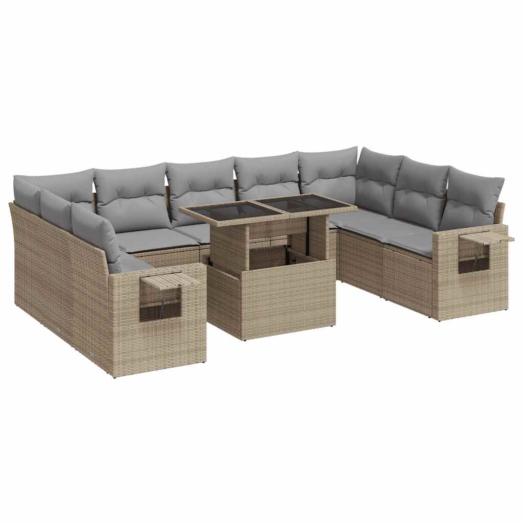 10-tlg. Garten-Sofagarnitur mit Kissen Beige Poly Rattan