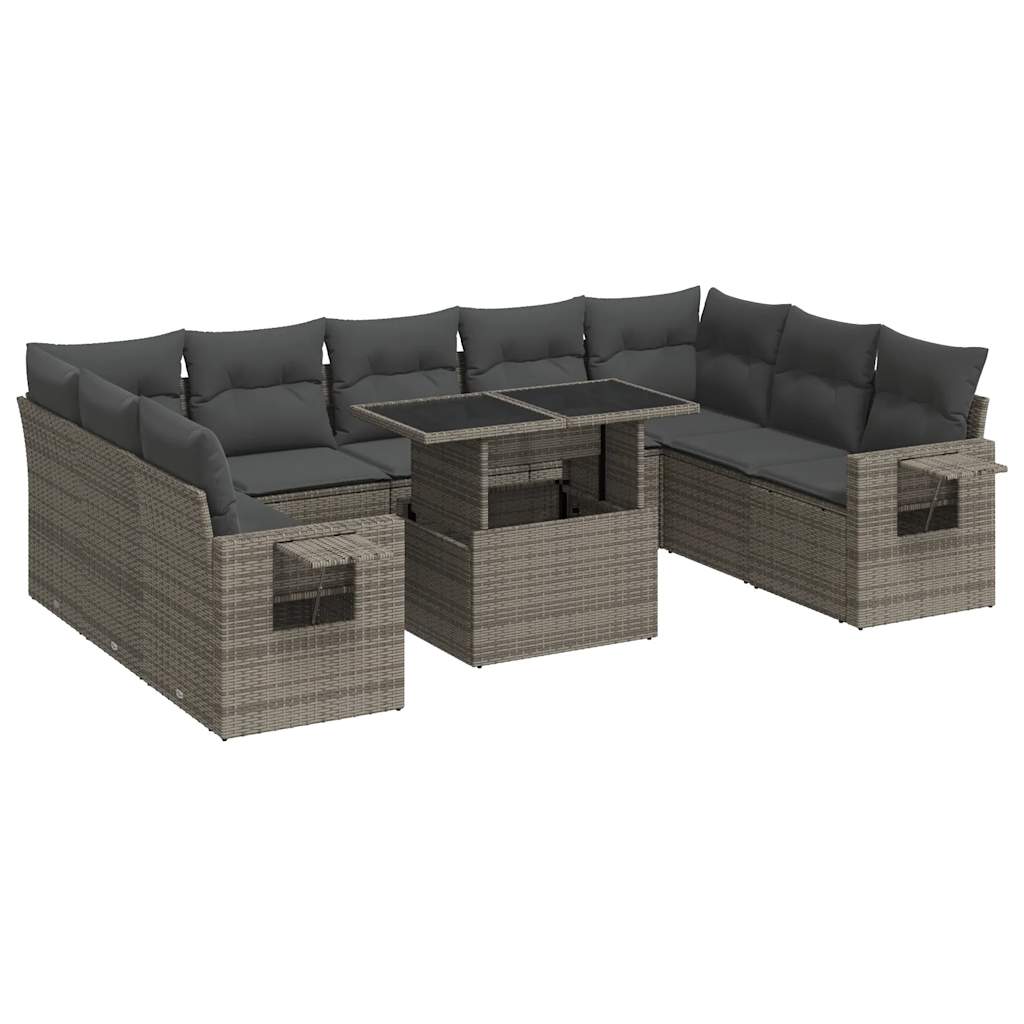 10-tlg. Garten-Sofagarnitur mit Kissen Grau Poly Rattan