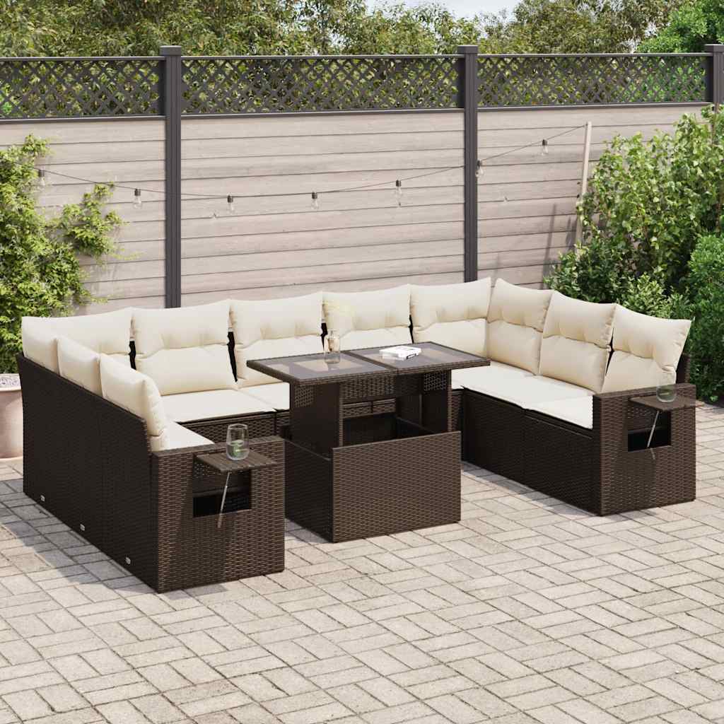 10-tlg. Garten-Sofagarnitur mit Kissen Braun Poly Rattan