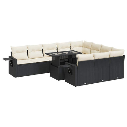 11-tlg. Garten-Sofagarnitur mit Kissen Schwarz Poly Rattan