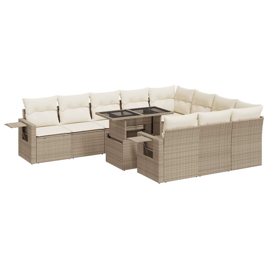 11-tlg. Garten-Sofagarnitur mit Kissen Beige Poly Rattan