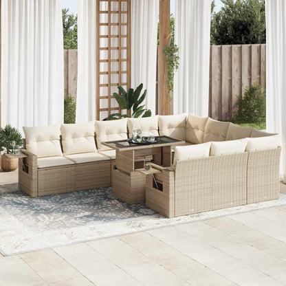 11-tlg. Garten-Sofagarnitur mit Kissen Beige Poly Rattan