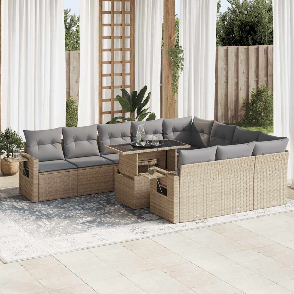 11-tlg. Garten-Sofagarnitur mit Kissen Beige Poly Rattan