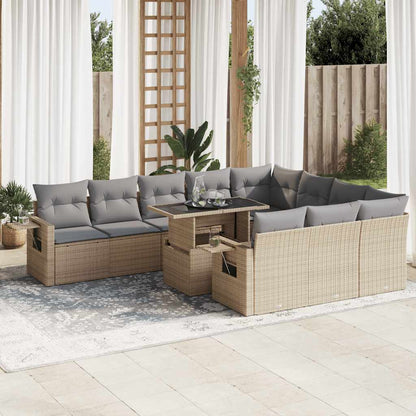 11-tlg. Garten-Sofagarnitur mit Kissen Beige Poly Rattan