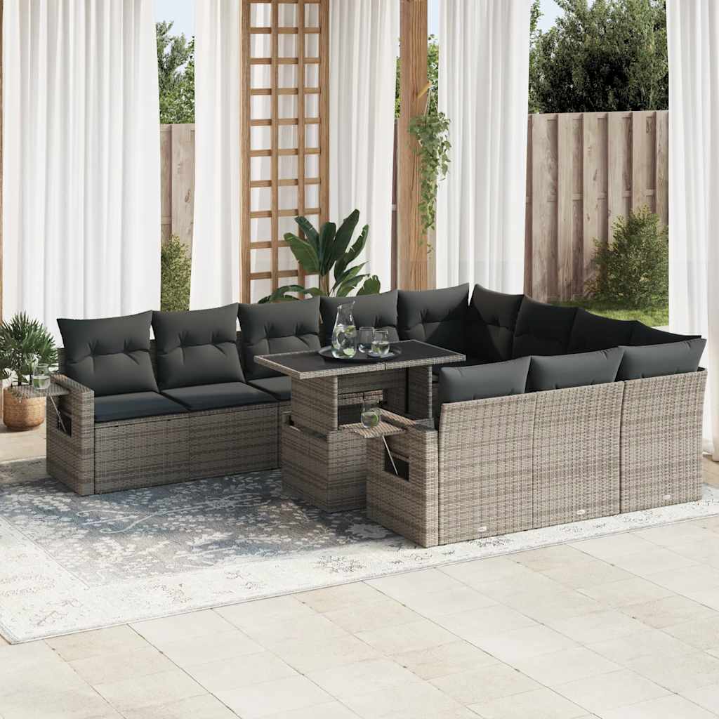 11-tlg. Garten-Sofagarnitur mit Kissen Grau Poly Rattan