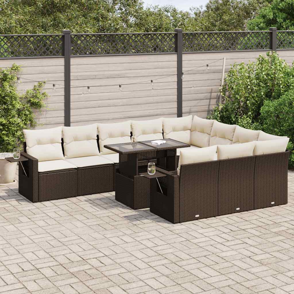 11-tlg. Garten-Sofagarnitur mit Kissen Braun Poly Rattan