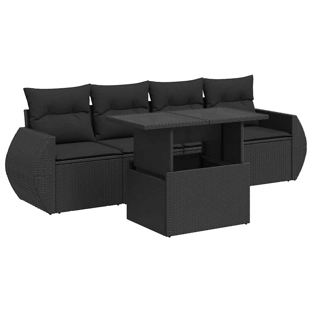 5-tlg. Garten-Sofagarnitur mit Kissen Schwarz Poly Rattan