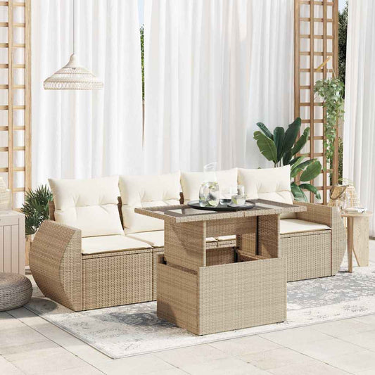 5-tlg. Garten-Sofagarnitur mit Kissen Beige Poly Rattan