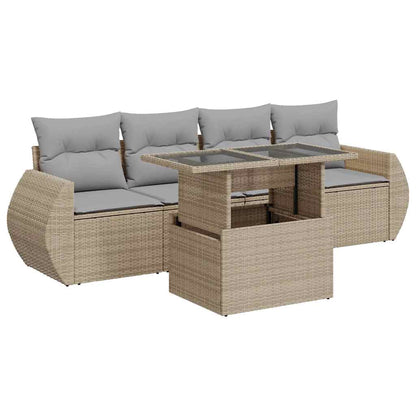 5-tlg. Garten-Sofagarnitur mit Kissen Beige Poly Rattan