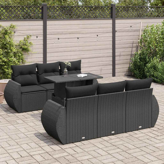 7-tlg. Garten-Sofagarnitur mit Kissen Schwarz Poly Rattan