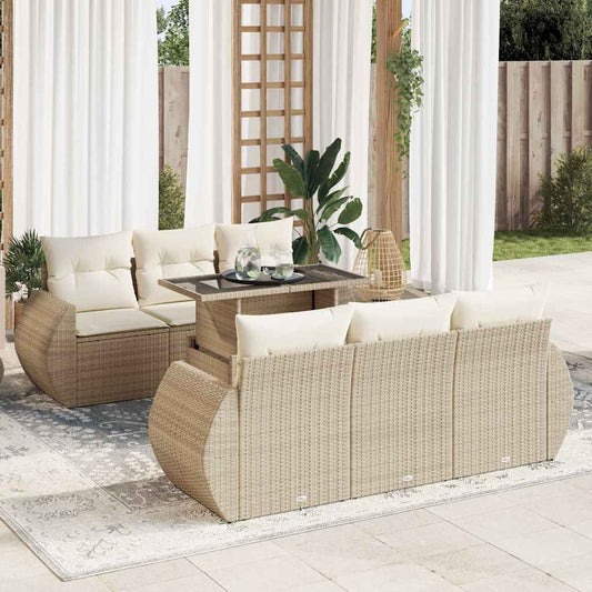 7-tlg. Garten-Sofagarnitur mit Kissen Beige Poly Rattan