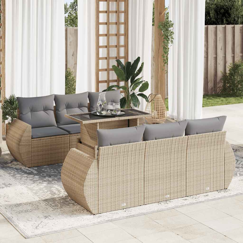 7-tlg. Garten-Sofagarnitur mit Kissen Beige Poly Rattan