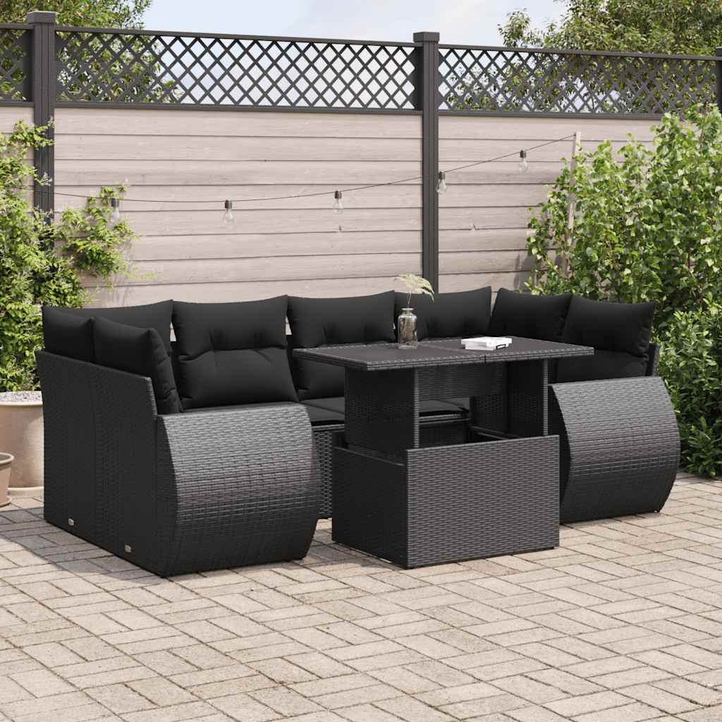 7-tlg. Garten-Sofagarnitur mit Kissen Schwarz Poly Rattan