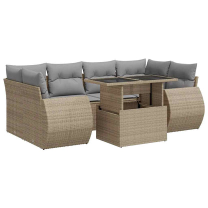 7-tlg. Garten-Sofagarnitur mit Kissen Beige Poly Rattan