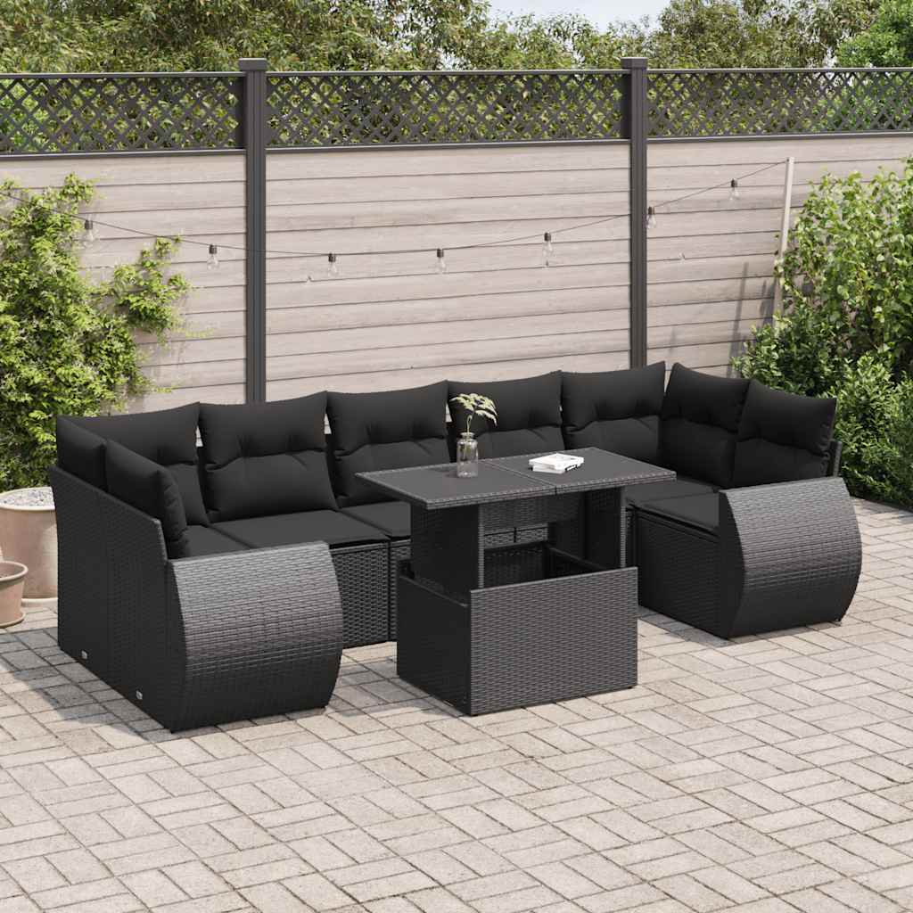 8-tlg. Garten-Sofagarnitur mit Kissen Schwarz Poly Rattan