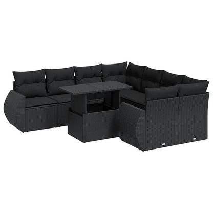 9-tlg. Garten-Sofagarnitur mit Kissen Schwarz Poly Rattan