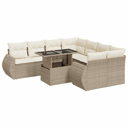 9-tlg. Garten-Sofagarnitur mit Kissen Beige Poly Rattan