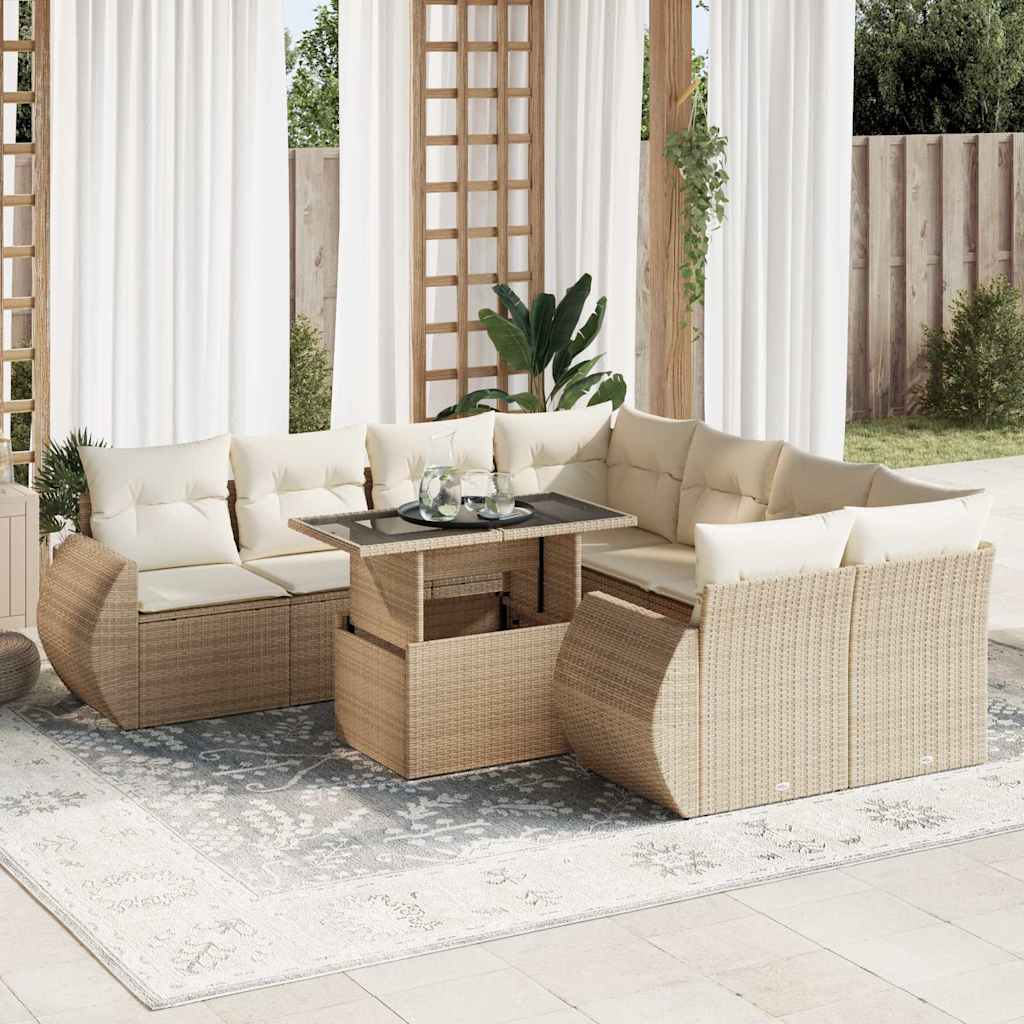 9-tlg. Garten-Sofagarnitur mit Kissen Beige Poly Rattan