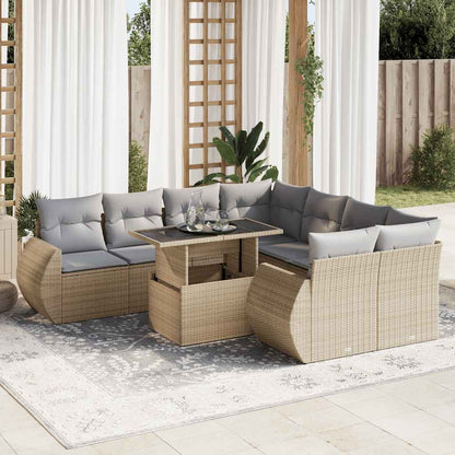 9-tlg. Garten-Sofagarnitur mit Kissen Beige Poly Rattan