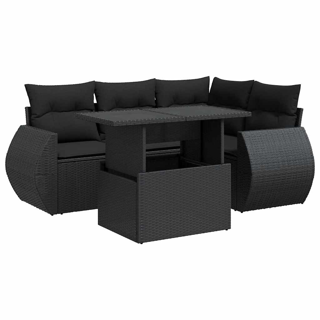 5-tlg. Garten-Sofagarnitur mit Kissen Schwarz Poly Rattan