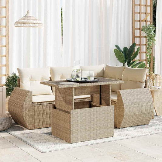 5-tlg. Garten-Sofagarnitur mit Kissen Beige Poly Rattan