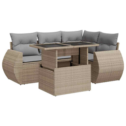 5-tlg. Garten-Sofagarnitur mit Kissen Beige Poly Rattan