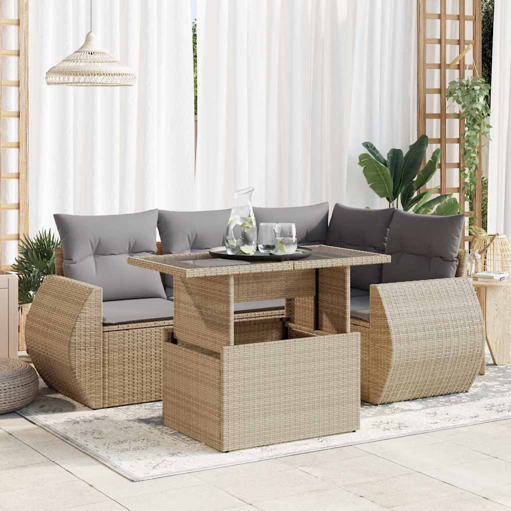 5-tlg. Garten-Sofagarnitur mit Kissen Beige Poly Rattan