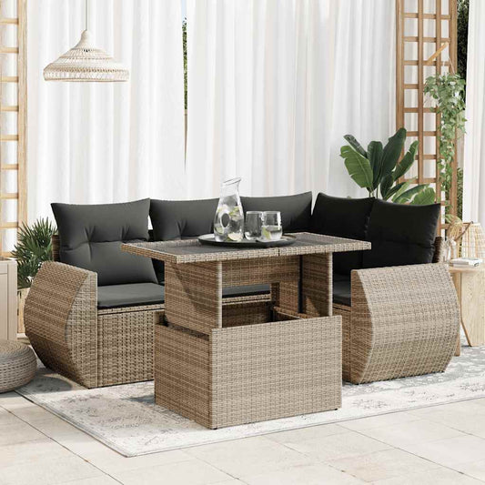 5-tlg. Garten-Sofagarnitur mit Kissen Grau Poly Rattan