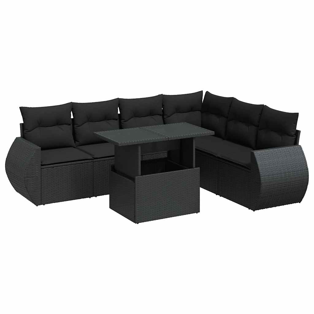 7-tlg. Garten-Sofagarnitur mit Kissen Schwarz Poly Rattan