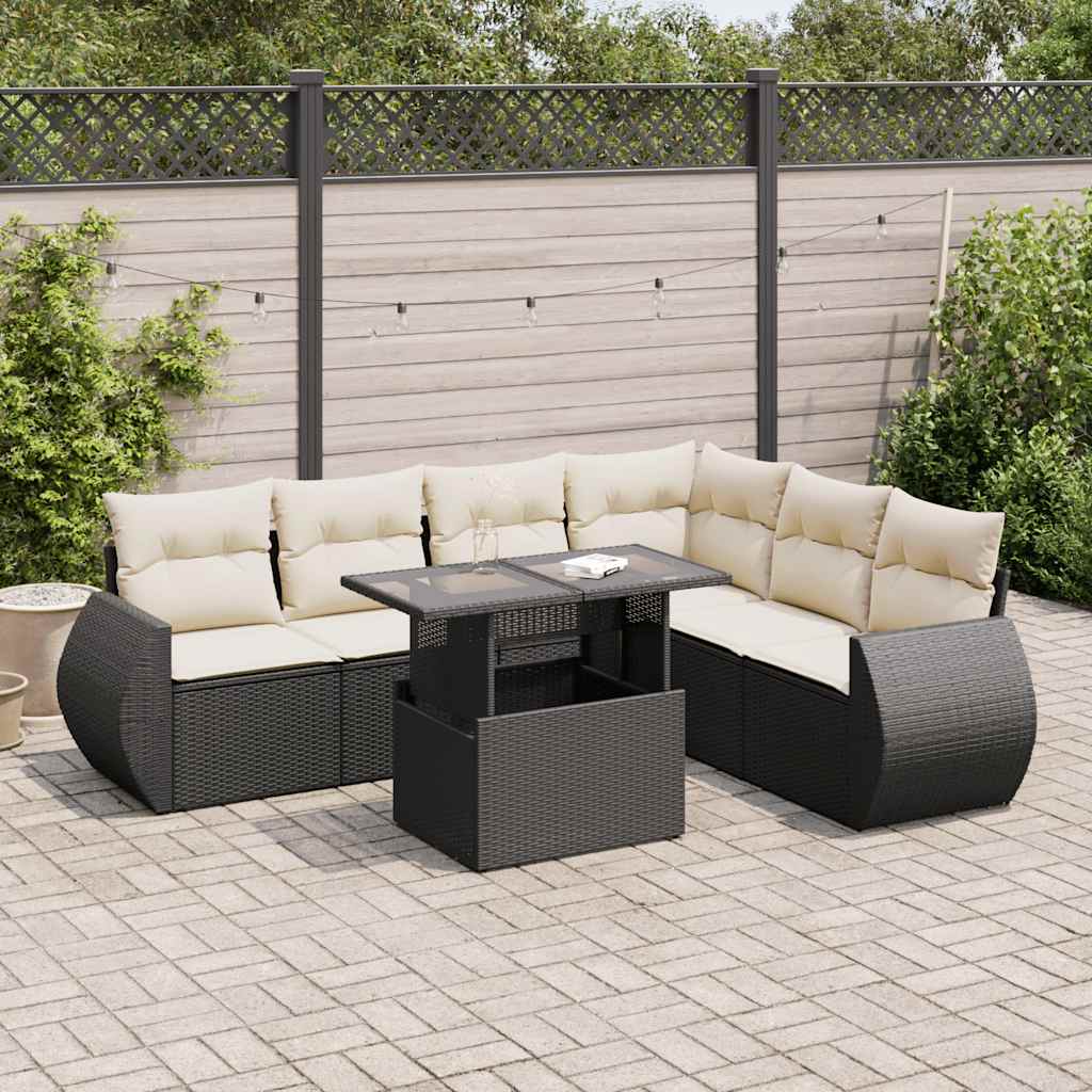 7-tlg. Garten-Sofagarnitur mit Kissen Schwarz Poly Rattan