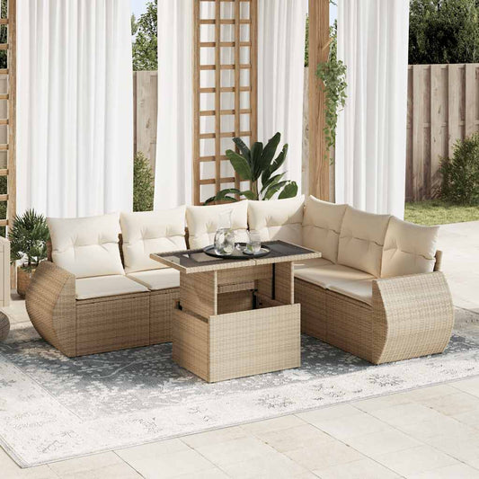 7-tlg. Garten-Sofagarnitur mit Kissen Beige Poly Rattan