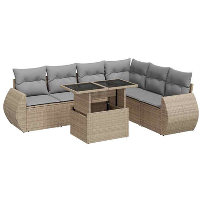 7-tlg. Garten-Sofagarnitur mit Kissen Beige Poly Rattan