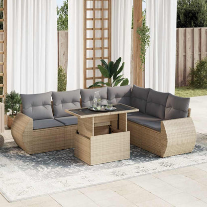 7-tlg. Garten-Sofagarnitur mit Kissen Beige Poly Rattan