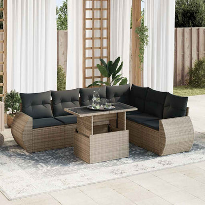 7-tlg. Garten-Sofagarnitur mit Kissen Grau Poly Rattan