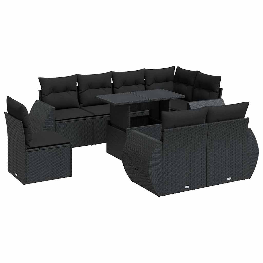 9-tlg. Garten-Sofagarnitur mit Kissen Schwarz Poly Rattan