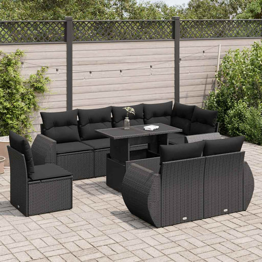 9-tlg. Garten-Sofagarnitur mit Kissen Schwarz Poly Rattan