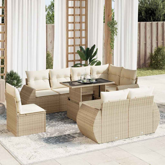 9-tlg. Garten-Sofagarnitur mit Kissen Beige Poly Rattan