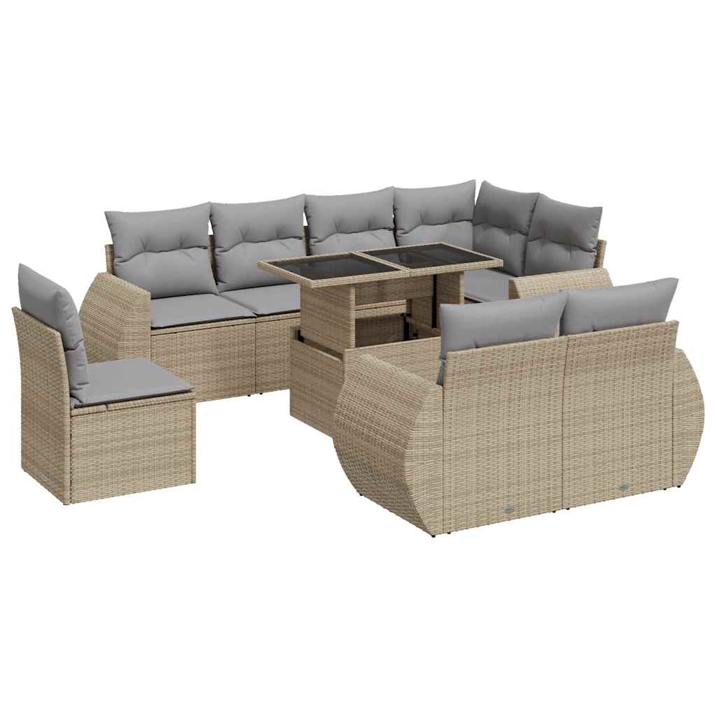 9-tlg. Garten-Sofagarnitur mit Kissen Beige Poly Rattan