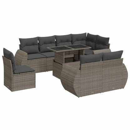 9-tlg. Garten-Sofagarnitur mit Kissen Grau Poly Rattan