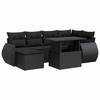 7-tlg. Garten-Sofagarnitur mit Kissen Schwarz Poly Rattan