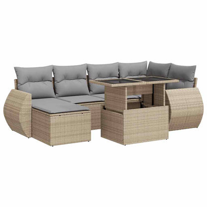 7-tlg. Garten-Sofagarnitur mit Kissen Beige Poly Rattan