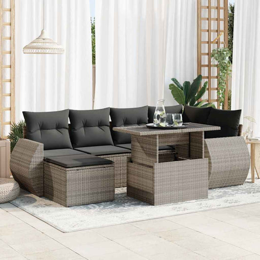 7-tlg. Garten-Sofagarnitur mit Kissen Grau Poly Rattan