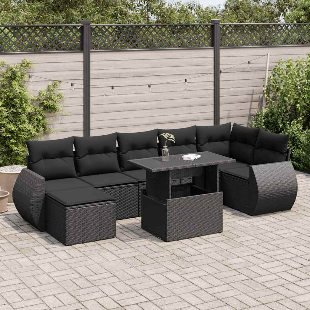 8-tlg. Garten-Sofagarnitur mit Kissen Schwarz Poly Rattan