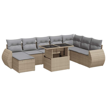 9-tlg. Garten-Sofagarnitur mit Kissen Beige Poly Rattan