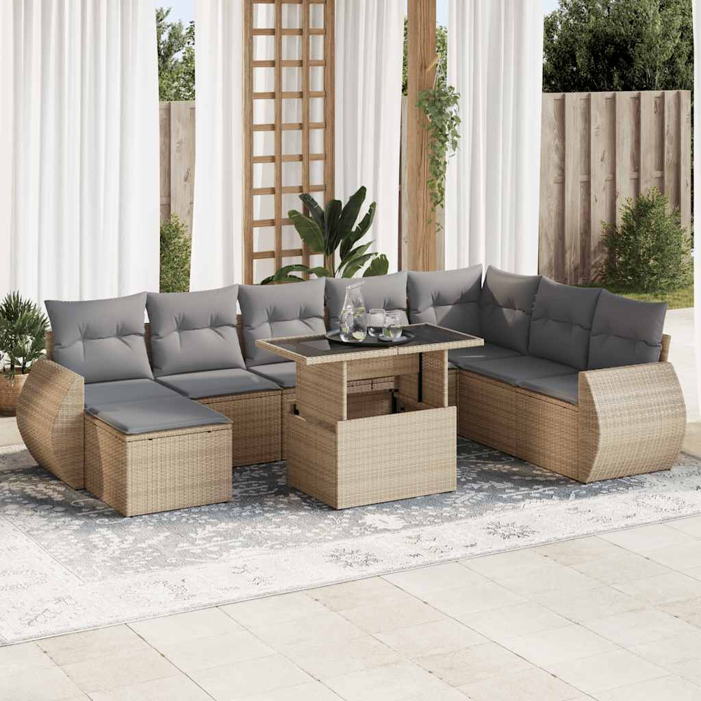 9-tlg. Garten-Sofagarnitur mit Kissen Beige Poly Rattan