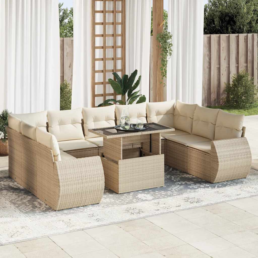 10-tlg. Garten-Sofagarnitur mit Kissen Beige Poly Rattan