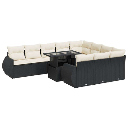 11-tlg. Garten-Sofagarnitur mit Kissen Schwarz Poly Rattan