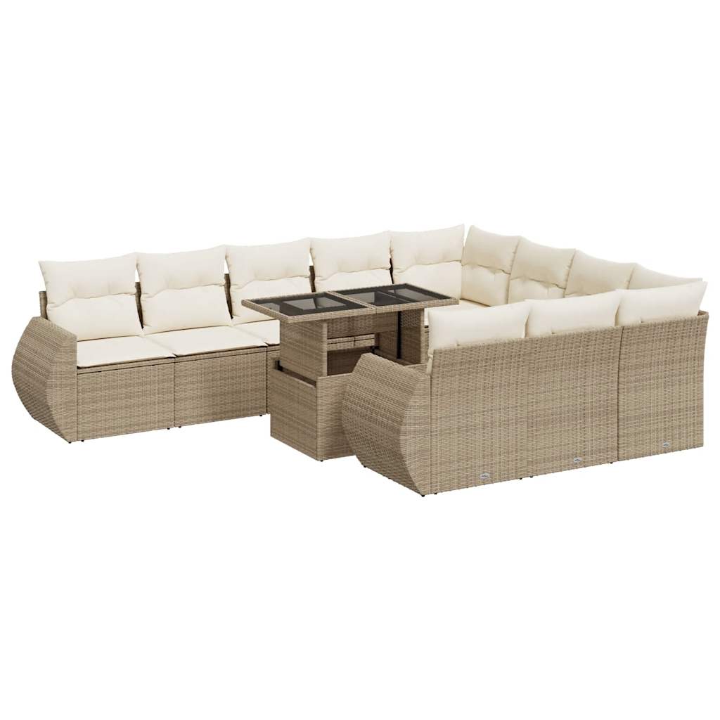 11-tlg. Garten-Sofagarnitur mit Kissen Beige Poly Rattan