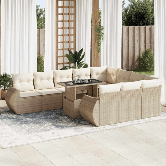 11-tlg. Garten-Sofagarnitur mit Kissen Beige Poly Rattan