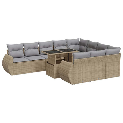 11-tlg. Garten-Sofagarnitur mit Kissen Beige Poly Rattan